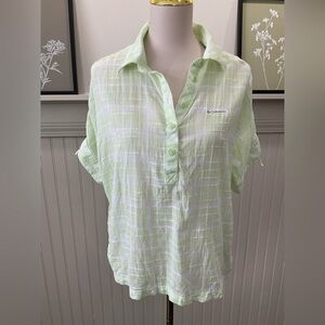 Columbia Green & White Plaid Semi Sheer Cotton Blouse | Boxy Fit M